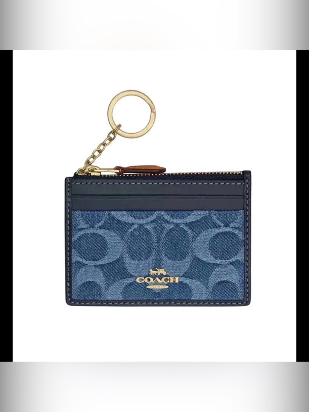 NEW COACH Limited Edition Mini Skinny ID Case Denim W/ Leather Pull And Key Ring